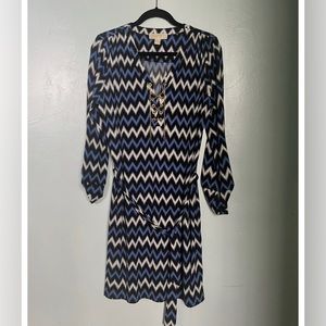 Michael Kors Blue chevron midi tunic dress gold chain lace up NWT Size M
